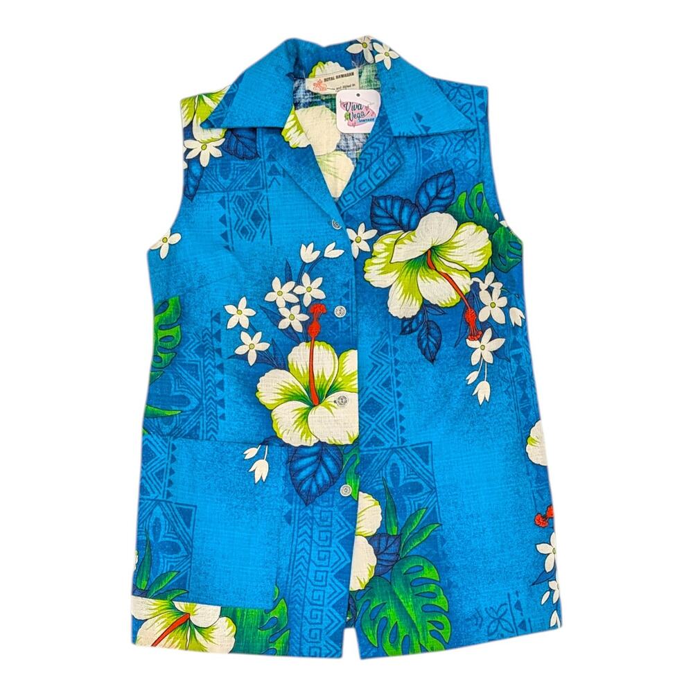 Royal Hawaiian Barkcloth Sleeveless Shirt Vintage Womens Blue Floral